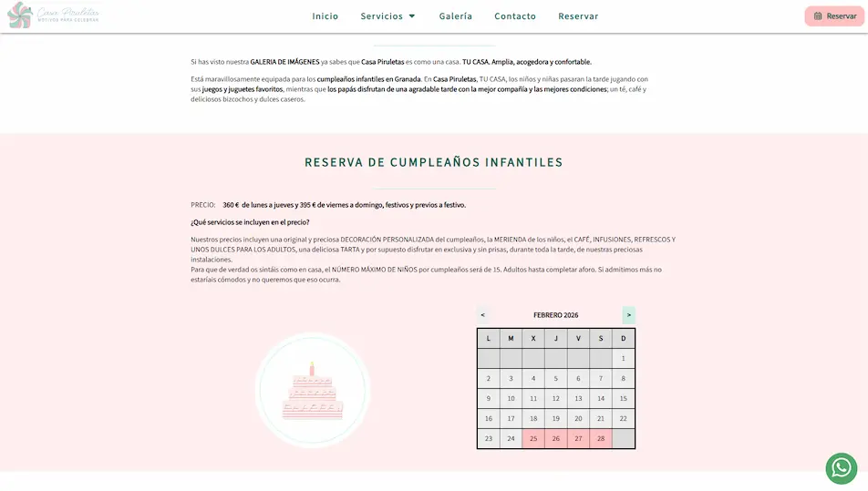 Diseño de página web para Casa Piruletas, eventos infantiles en Granada