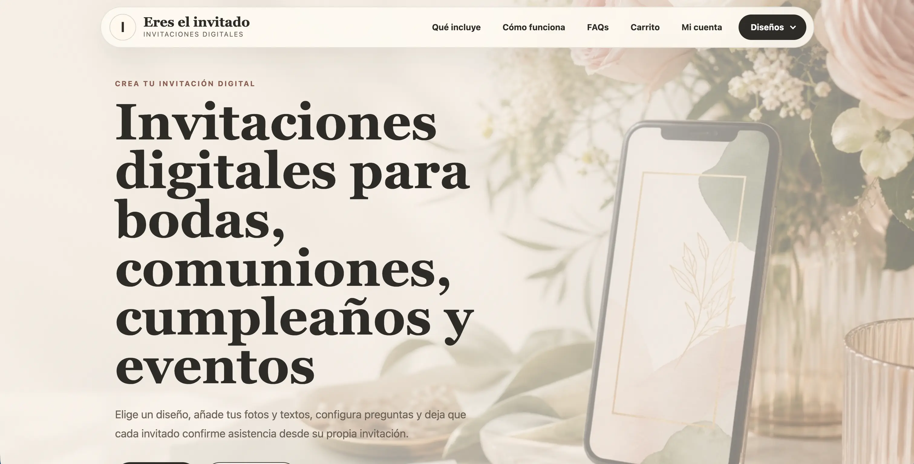 Diseño de portal web para Eres el invitado, invitaciones digitales para bodas, comuniones, cumpleaños y eventos