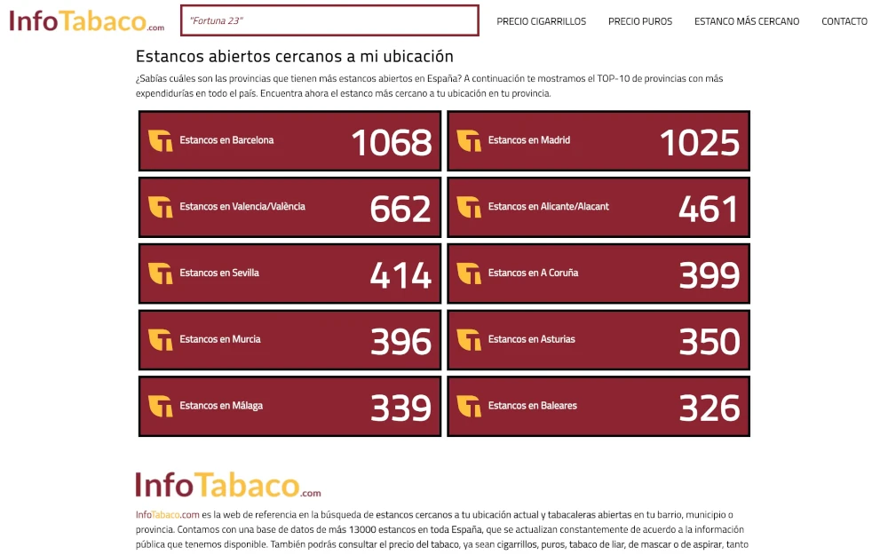 Diseño de página web para Info Tabaco, portal nacional de estancos abiertos en España