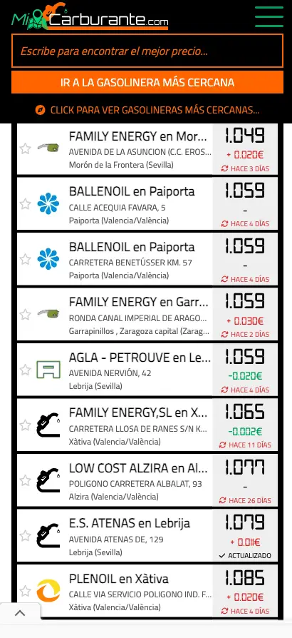 Página web de Mi Carburante, Granada