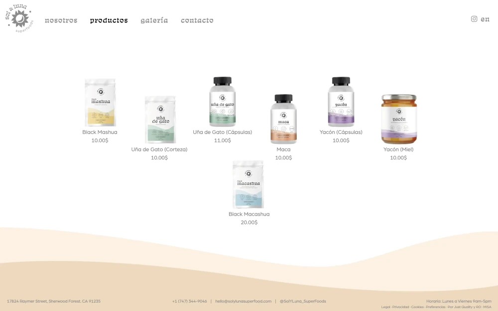 Diseño de página web para Sol y Luna Superfoods, suplementación alimenticia en California