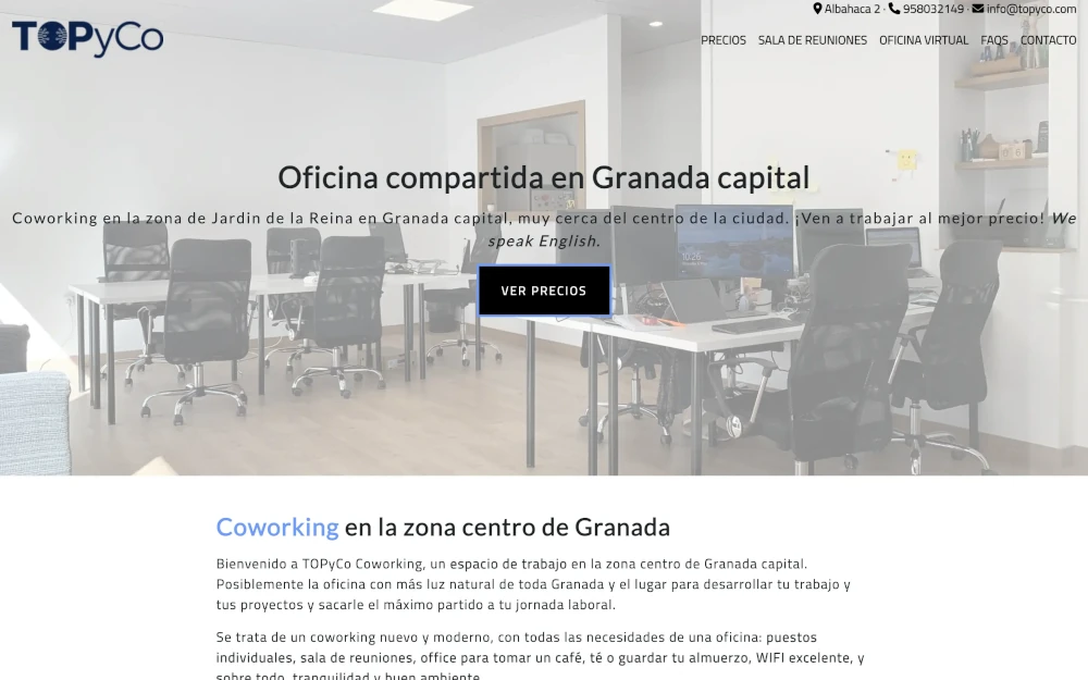 Diseño de página web para TOPyCo Coworking, oficina compartida en Jardín de la Reina (Granada)